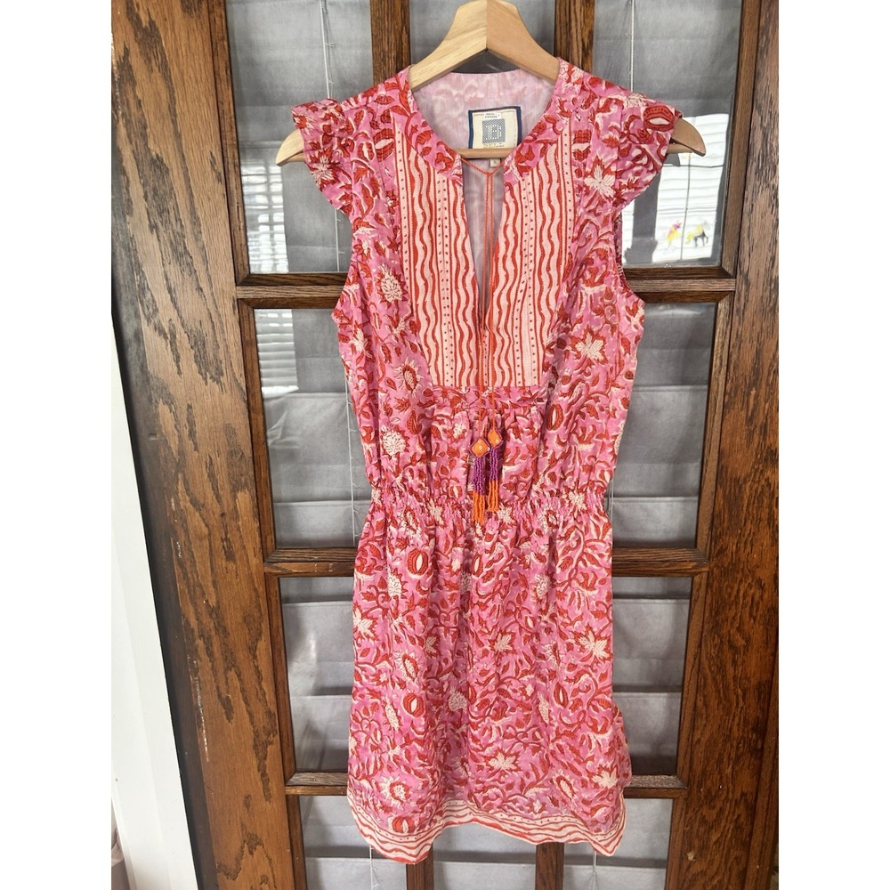 Bell by Alicia Bell Pink Floral Beaded Ruffle Cap Sleeve Dress Small Resortwear